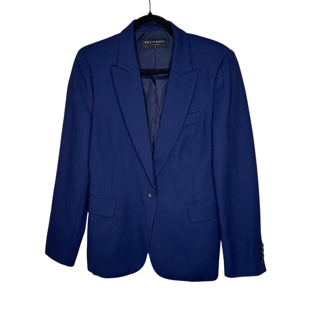 Equipment Femme Blue Wool Blend Blazer Jacket 8 Single Button Peak Lapel Lined